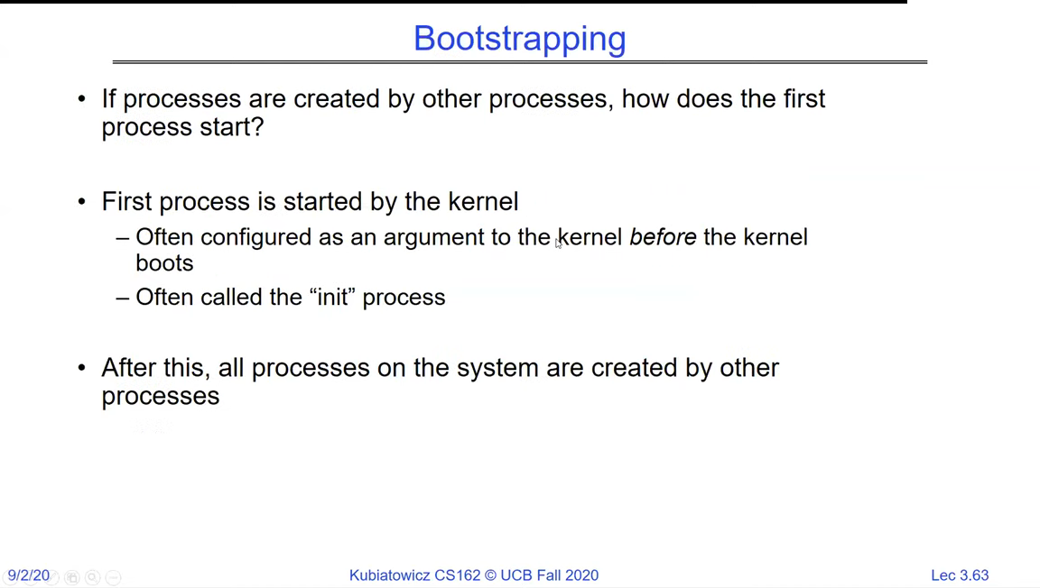 Slide 'Bootstrapping': if processes are created by other processes, how does the first start? The first process is started by the kernel (configured as an argument before the kernel boots, the 'init' process); after this, all processes are created by other processes
