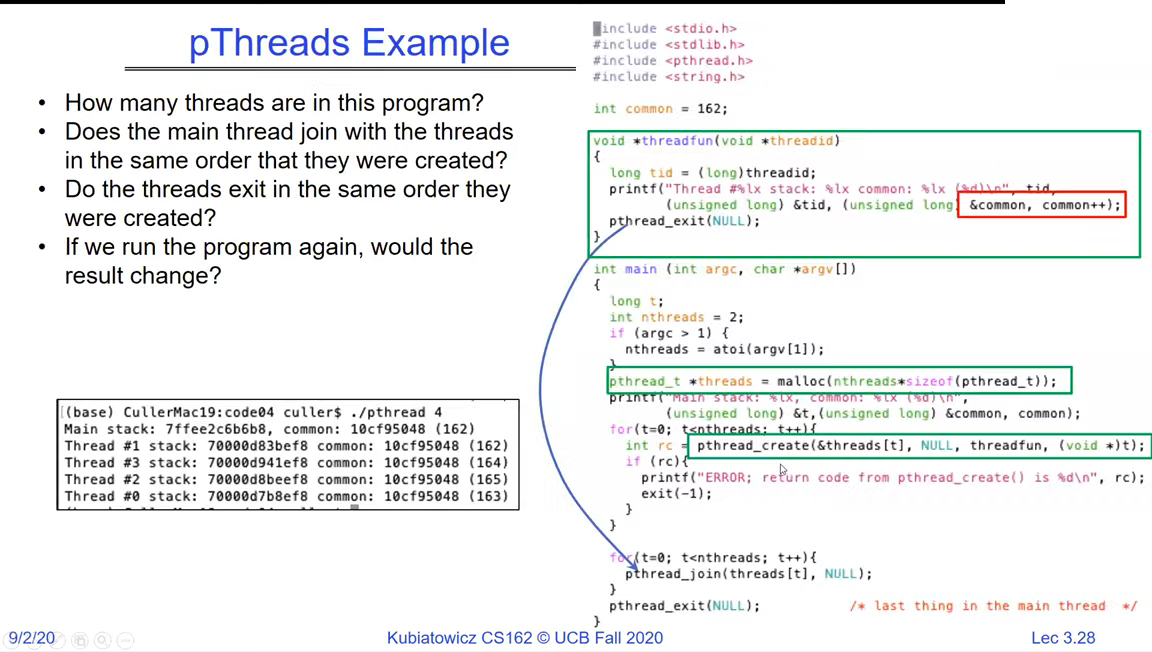 A pThreads example program that creates several threads, with questions: how many threads are in the program, does main join in creation order, do threads exit in creation order, would rerunning change the result