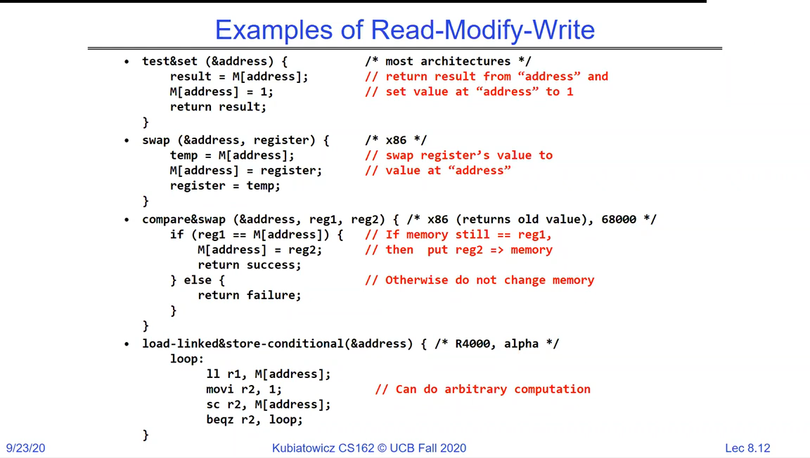 Four read-modify-write instructions: test-and-set, swap, compare-and-swap, and load-linked/store-conditional, each shown as pseudocode