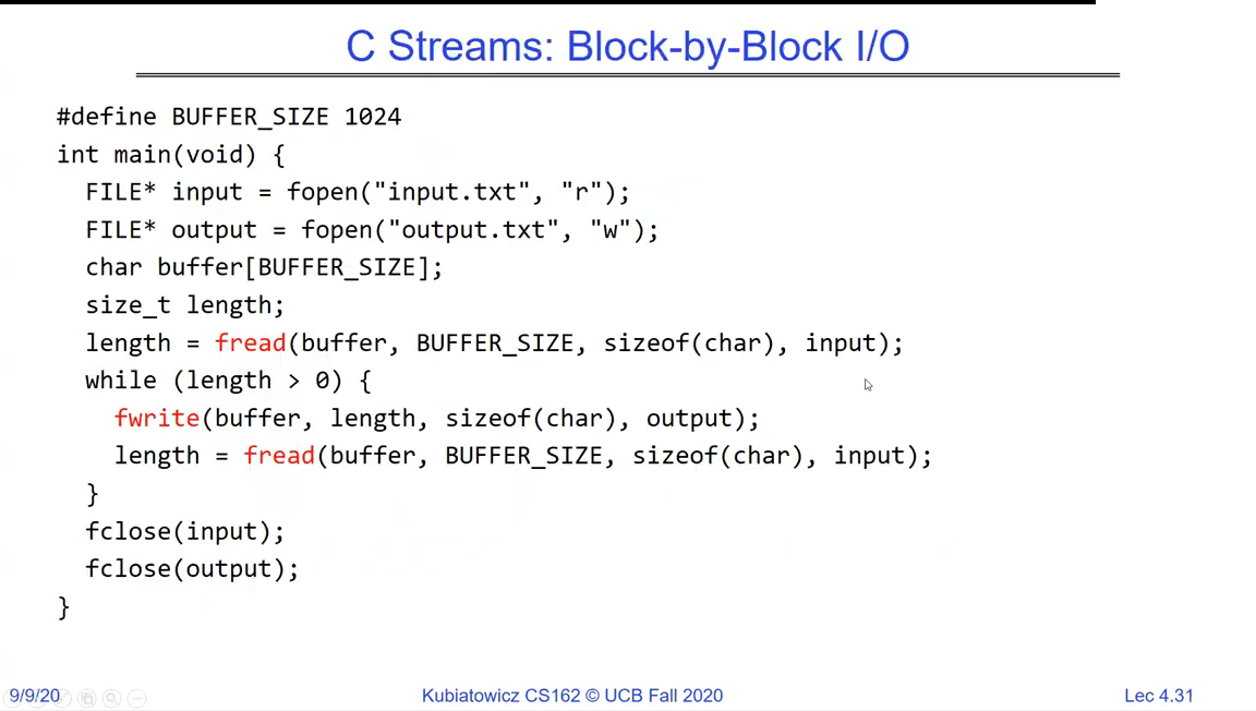 C Streams block-by-block copy: fopen input.txt for reading and output.txt for writing, then a loop of fread into a buffer and fwrite out until fread returns zero, then fclose both