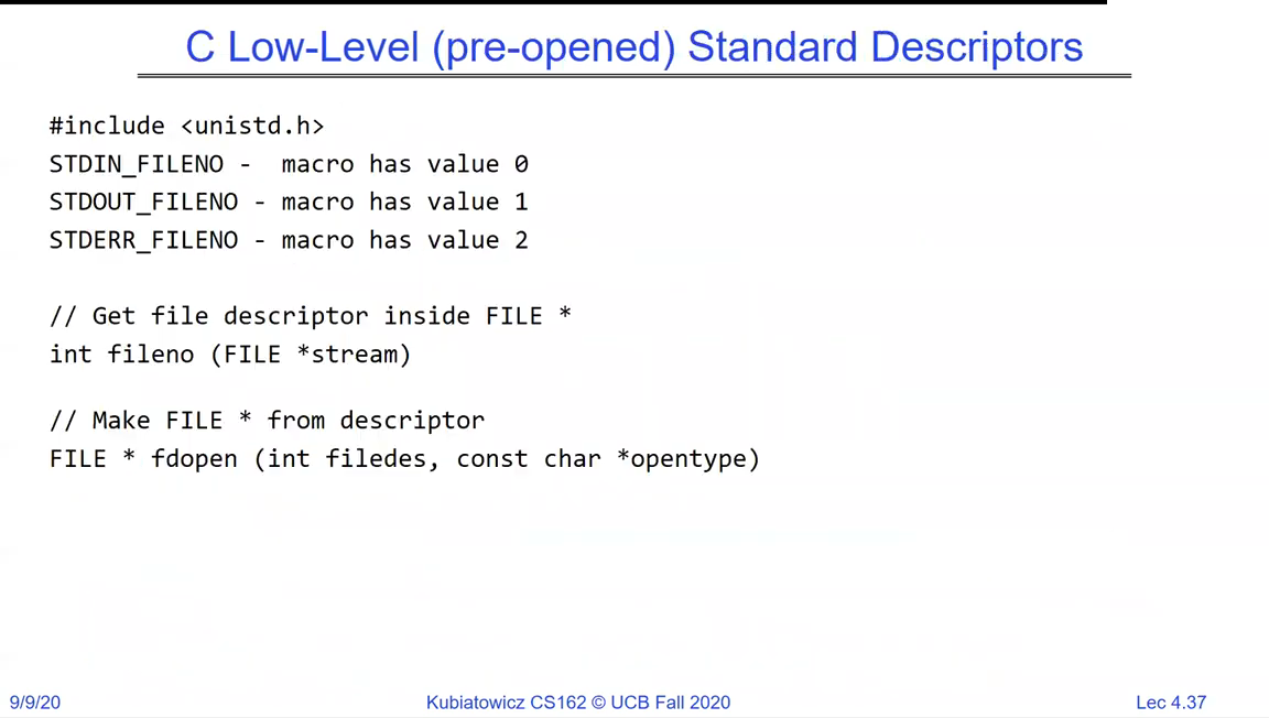 C Low-Level pre-opened Standard Descriptors: STDIN_FILENO = 0, STDOUT_FILENO = 1, STDERR_FILENO = 2; fileno() gets the descriptor inside a FILE*; fdopen() makes a FILE* from a descriptor